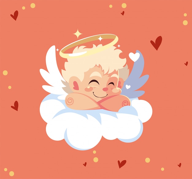 Het gelukkige beeldverhaal van de valentijnskaarten blonde cupido over wolk