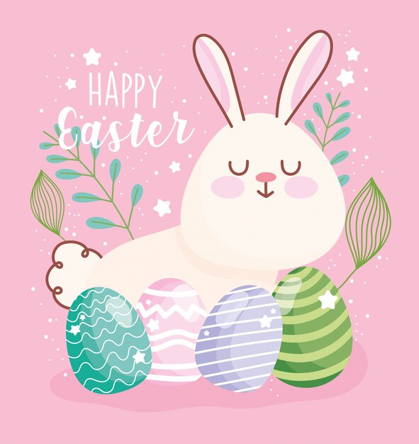 Het gelukkige leuke konijn van Pasen en de decoratieve eieren sieren bloemen