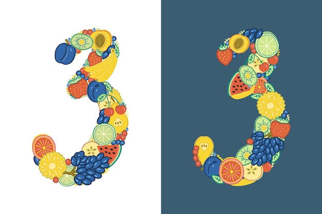Het getal 3 bestaat uit felgekleurd fruit en bessen. Op een witte en op een blauwe achtergrond.