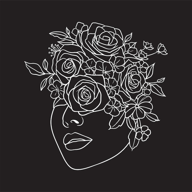 Het gezicht van de mooie vrouw met bloemen zwart-wit afbeelding op zwarte achtergrond