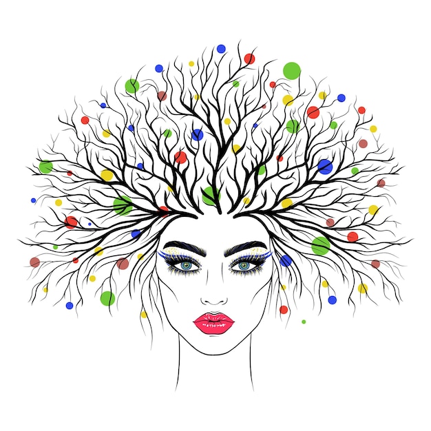 Het gezicht van een vrouw met een groeiende boom op haar hoofd