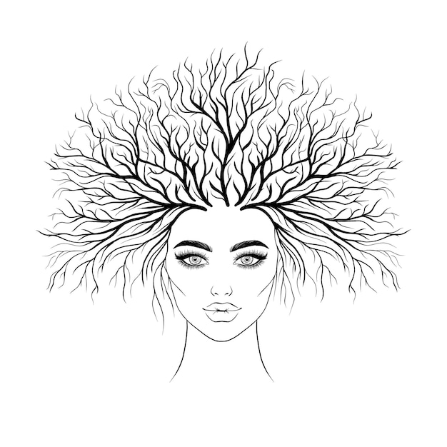 Het gezicht van een vrouw met een groeiende boom op haar hoofd.