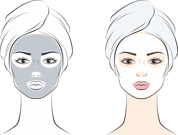 Vector het gezicht van een vrouw met een handdoek op haar hoofd en een masker op haar gezicht vector illustratie