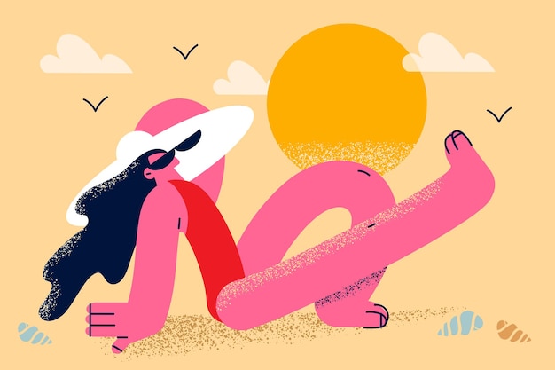 Het hebben van zomervakanties vrije tijd concept. Jonge vrouw in badmode hoed en zonnebril zittend op het zandstrand zonnebaden tijdens reis vakanties reis vectorillustratie