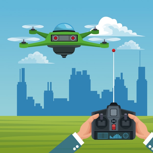Het hemellandschap met gebouwenscène en de mensen behandelen afstandsbediening met groene robothommel