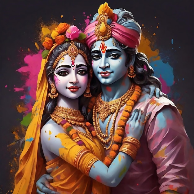 Het hindoeïstische mythologische echtpaar Krishna en Radha op het Holi-festival