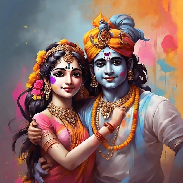 Het hindoeïstische mythologische echtpaar Krishna en Radha op het Holi-festival