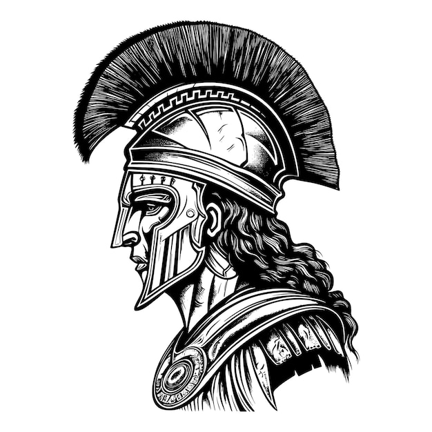 Het hoofd van een oude Griekse krijger in een helm Portret geïsoleerd op een witte achtergrond