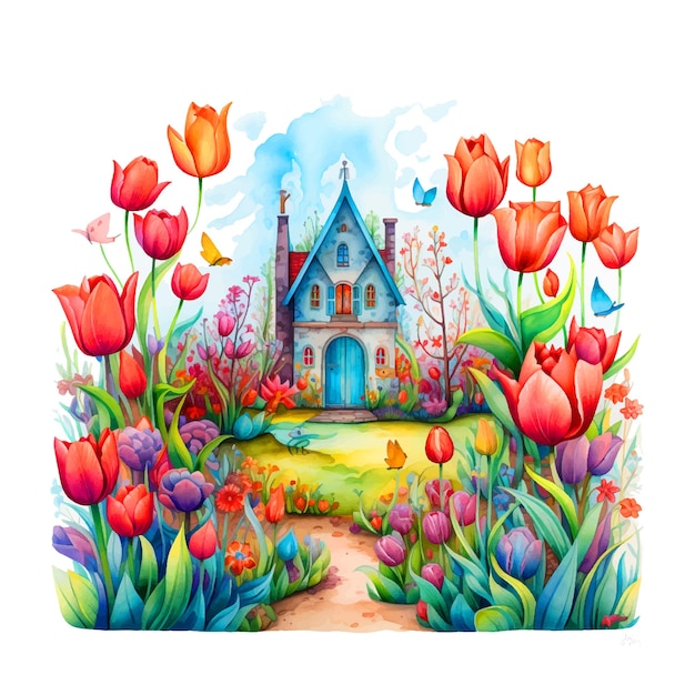 Het huis midden in een weiland met tulpen aquarel