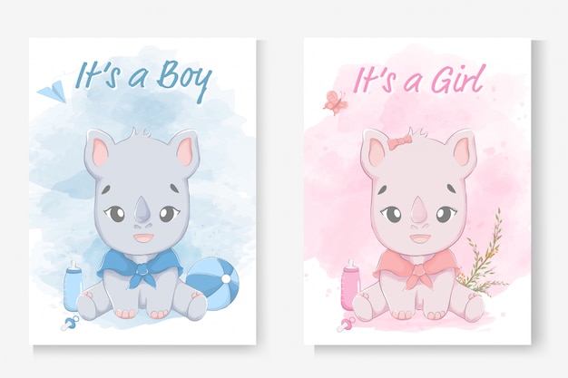 Het is een jongen of het is een meisje wenskaart voor baby shower met een kleine schattige neushoorn.
