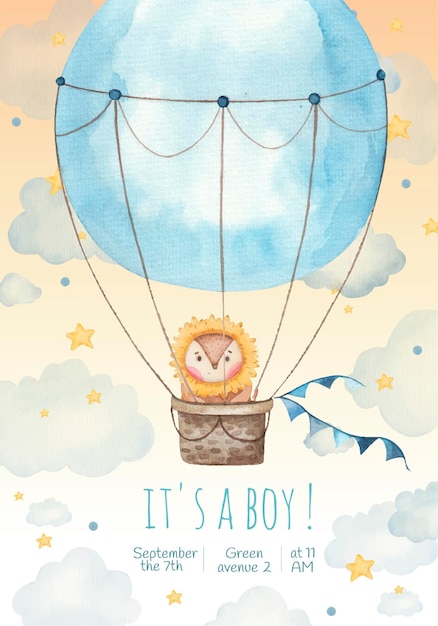 het is een jongen Uitnodigingskaart voor kinderen met schattige leeuw in een ballon in de sterren en wolken, schilderij