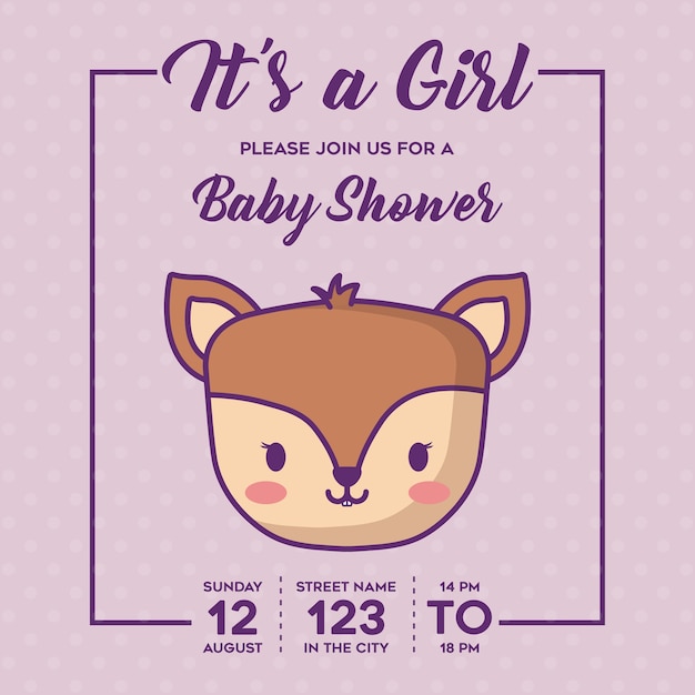 Het is een meisje-baby showeruitnodiging met leuk hertenpictogram over paarse achtergrond, kleurrijk ontwerp. vecto