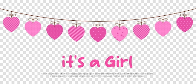 Het is een meisje welkom wenskaart voor bevalling met hangende harten vectorillustratie