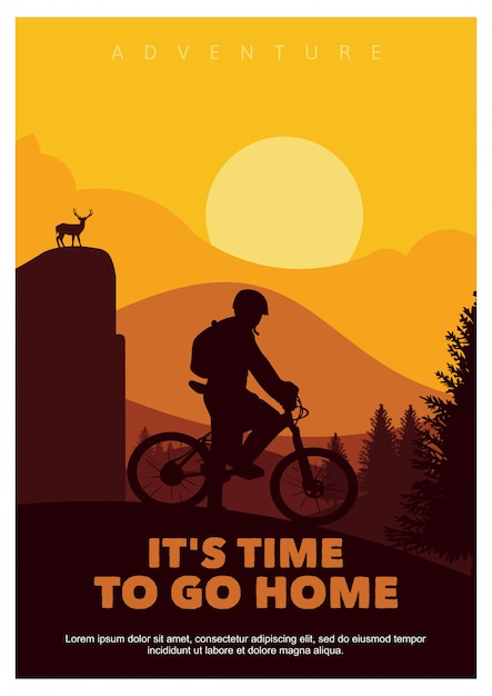 Het is tijd om naar huis te gaan, poster mountainbike-silhouet