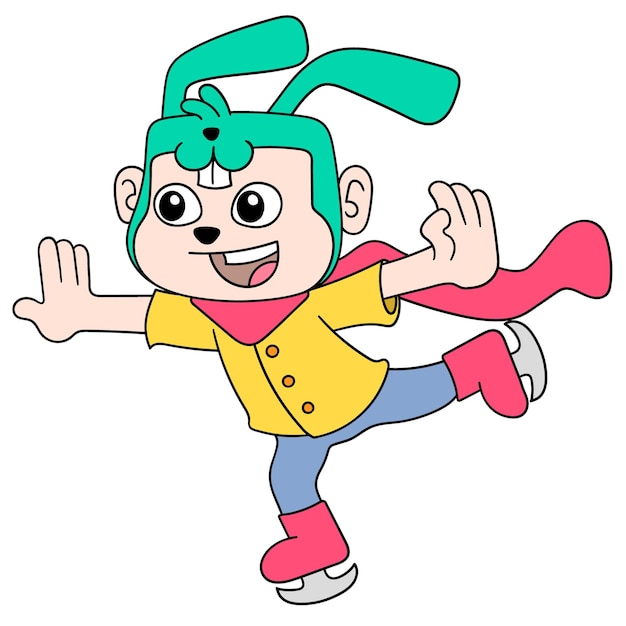 Het jongenskind draagt een konijnenkostuum en speelt gelukkig schaatsen, vectorillustratieart. doodle pictogram afbeelding kawaii.