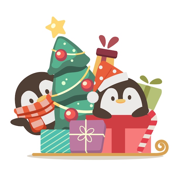 Het karakter van de schattige pinguïn draagt een kerstkostuum en speelt met een geschenkdoos