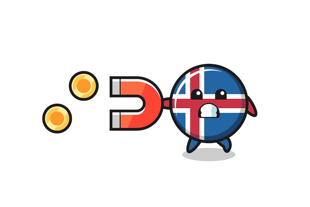 Het karakter van de vlag van IJsland houdt een magneet vast om de gouden munten te vangen