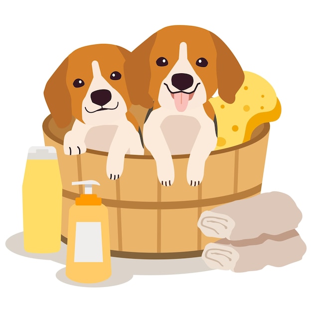 Vector het karakter van een schattige beagle die in het vat zit met sponsshampoo in platte vectorstijl