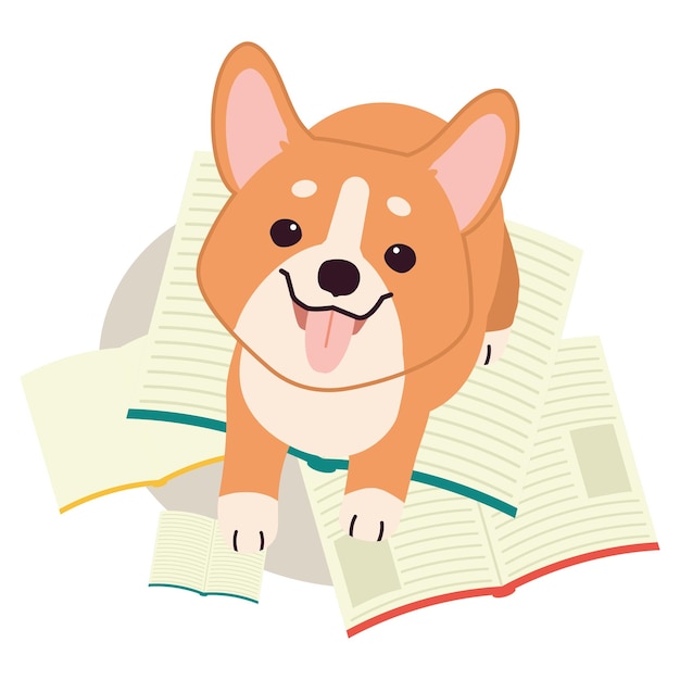 Het karakter van een schattige corgi-hond met een stapel boek in platte vectorstijl