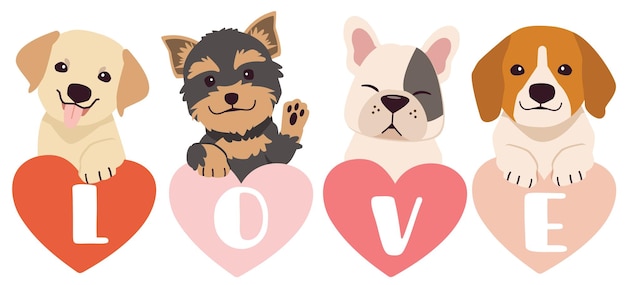 Het karakter van een schattige hond vult het hart met tekst van liefde in platte vectorstijl