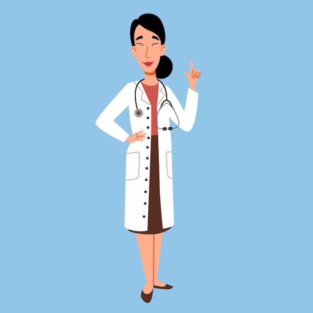 Het karakter van een vrouwelijke arts van Aziatische nationaliteit in volle groei. Vectorillustratie in een vlakke stijl op het gebied van geneeskunde.