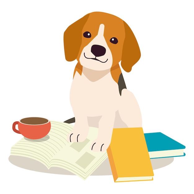 het karakter van schattige beagle op stapel boek de schattige hond met onderwijsconcept