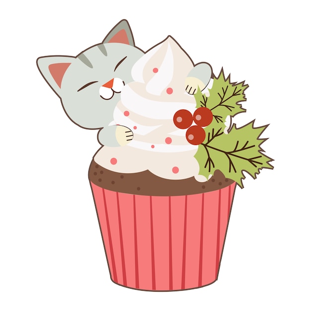 Het karakter van schattige kat met een grote cupcake in kerstthema