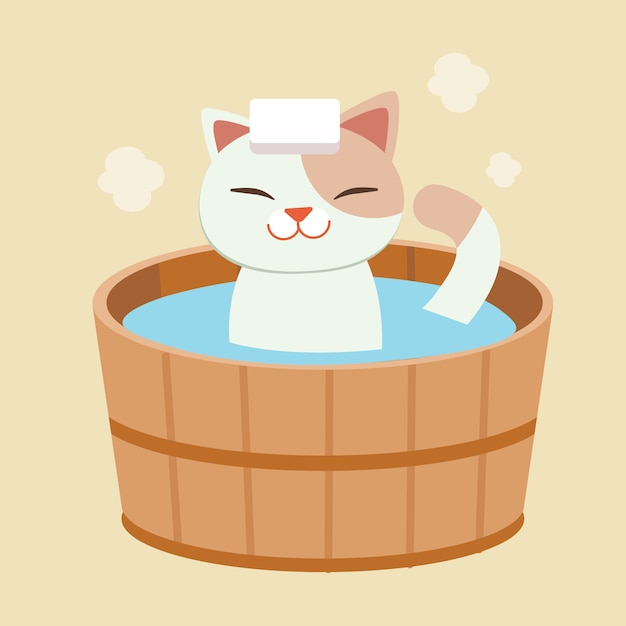 Het karakter van schattige kat neemt een Japans warmwaterbronbad. de kat neemt een onsen. het ziet er gelukkig en ontspannend uit. kat Baden in een vat in een bad buiten.