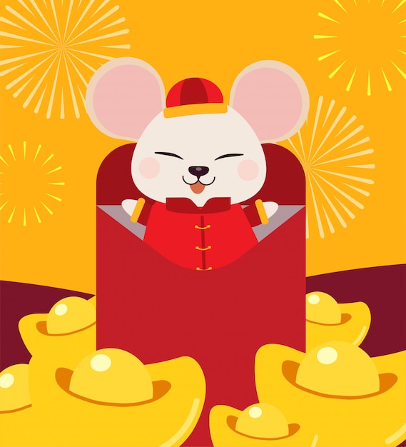 Het karakter van schattige muis met chinees goud en vuurwerk. de schattige muis draagt een chinees pak en zit in het grote letterjaar van de rat. het karakter van schattige muis in platte vectorstijl.