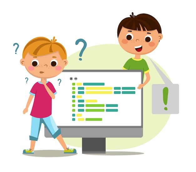 Het kind schrijft de programmacode Kinderen robotica programmeren Vectorillustratie geïsoleerd
