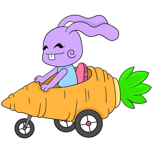 Het konijn heeft plezier in het besturen van de wortelauto, vectorillustratiekunst. doodle pictogram afbeelding kawaii.
