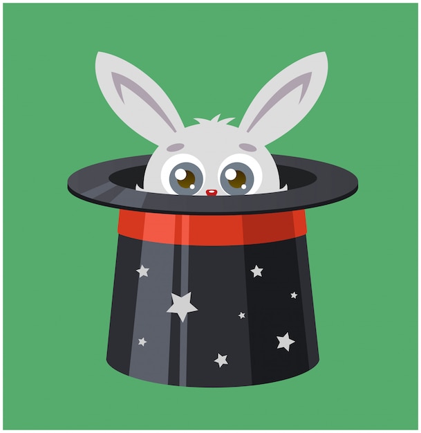 het konijn verborg zich in hoge hoed. goochelaar toont een truc. vector illustratie van een haas en magie.