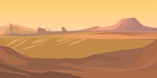 Vector het landschap is een woestijn met een industriegebied achter vector plat illustratie