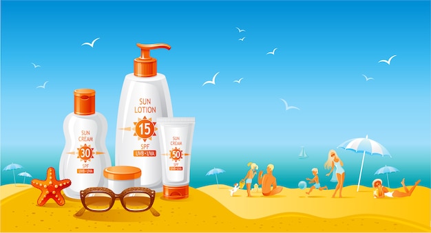 Het landschap van het zonstrand met de flessen van de zonneschermroom. zomeradvertentie van uv-product met sunblock. cosmetische lotion voor huidverzorging. plat gezonde levensstijl achtergrond.