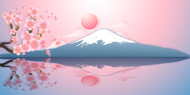 Vector het landschap van japan, fuji-berg, sakura die vallen