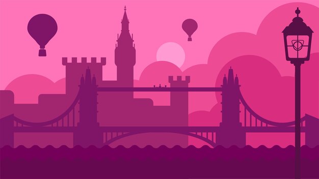 Het landschap van londen met kasteel en riviervector luchtballonvervoer vliegt boven het oude stedelijke bouwgebouw en de torenbrug, de hoofdstad van groot-brittannië. stad dijk platte cartoon afbeelding