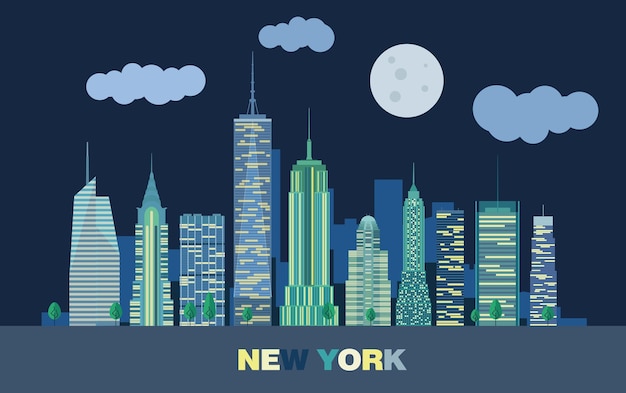 Vector het landschap van wolkenkrabbers van de nacht new york city platte vectorillustratie