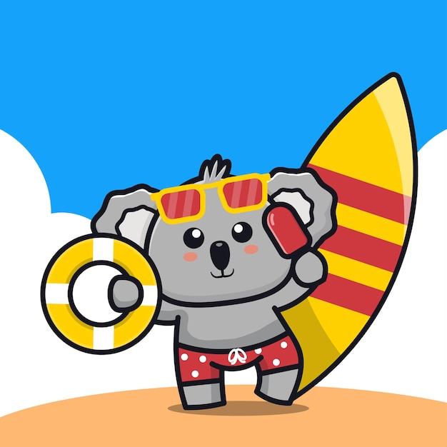 Het leuke ijs van de koalaholding zwemt ring en de illustratie van het surfplankbeeldverhaal