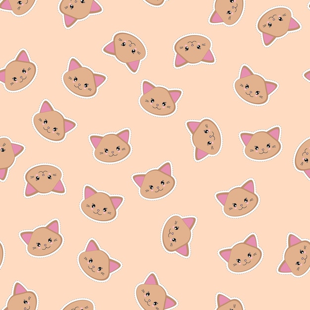 Het leuke naadloze patroon van kawaiikatjes. Bruine kattenkoppen stickers