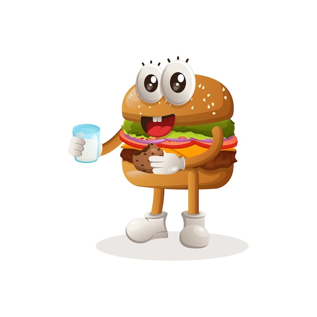 Het leuke ontwerp van de hamburgermascotte drinkt melk en eet koekje