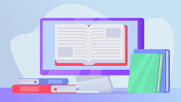 Het lezen van online boekenconcept met open boek op computerlaptop het scherm