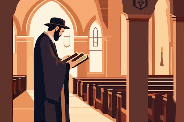 Vector het lezen van thora traditionele orthodoxe joodse aanbidder gewikkeld in talliet en tefillien in de synagoge