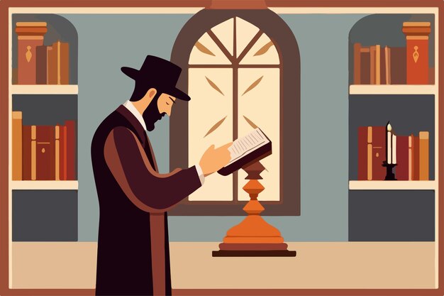 Vector het lezen van thora traditionele orthodoxe joodse aanbidder gewikkeld in talliet en tefillien in de synagoge