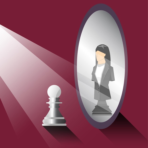 Het licht van het leiderschapsconcept schijnt naar de schaakpion die in de spiegel kijkt en een blackchessbusinesswoman vectorillustrator ziet