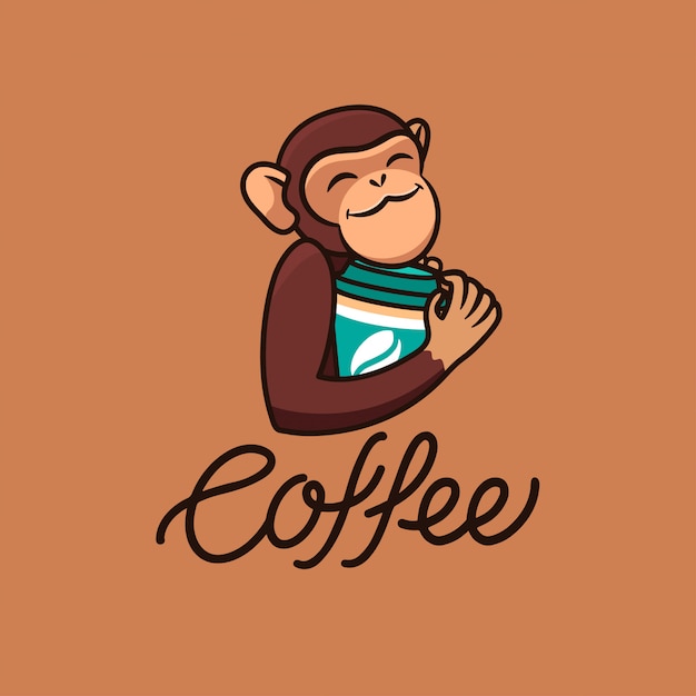 Het logo grappige aap met koffie, tekst. logo van voedsel