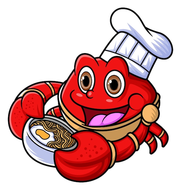 Het mascottekarakter van een schattige krab werkt zoals een professionele chef-kok kommen met zeer smakelijke noedels bij zich had