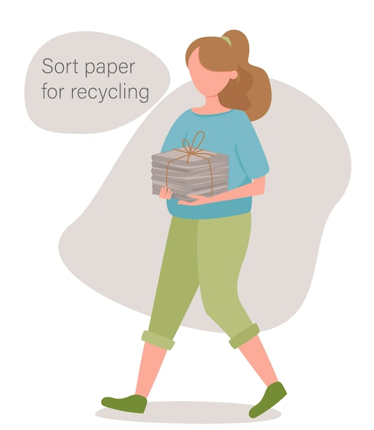 Vector het meisje draagt papier om te sorteren en te recyclen.