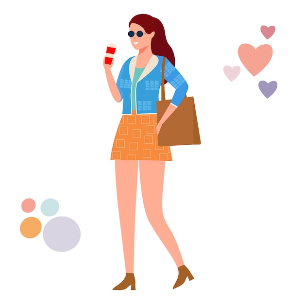 Het meisje drinkt koffie geniet van een cappuccino-drankje in een rode mok, ze is gekleed in trendy kleding met een tas op haar schouder Platte vectorillustratie