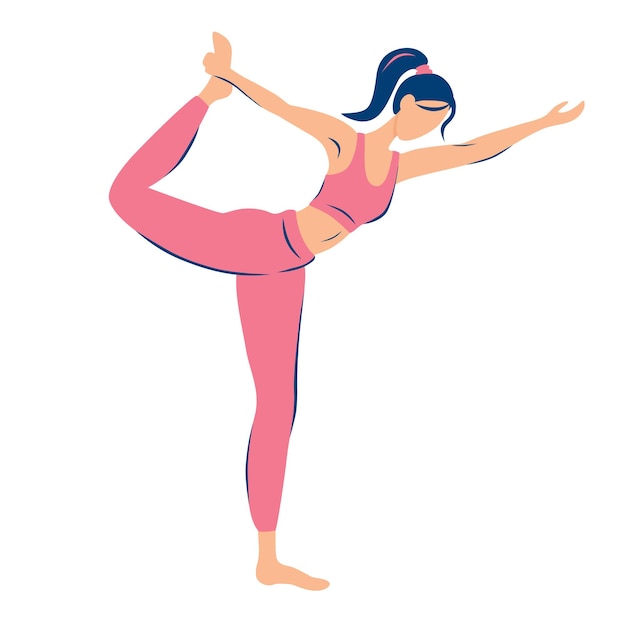 Het meisje houdt zich bezig met yoga. Natarajasana pose. Platte moderne illustraties voor schoonheid, spa, wellness, natuurlijke producten, cosmetica, lichaamsverzorging. Vector illustratie. Geïsoleerde witte achtergrond.