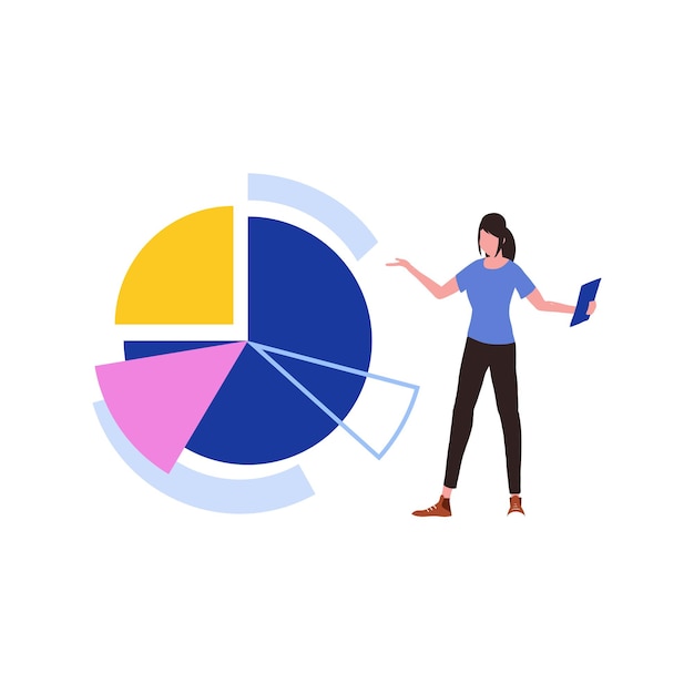 Vector het meisje kijkt naar het cirkeldiagram